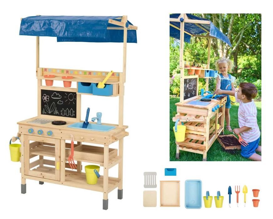 Drewniana kuchnia ogrodowa dla dzieci z akcesoriami kuchenka na zewnątrz