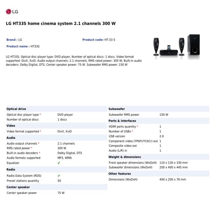 LG Home-cine/hi-fi 2.1  300w