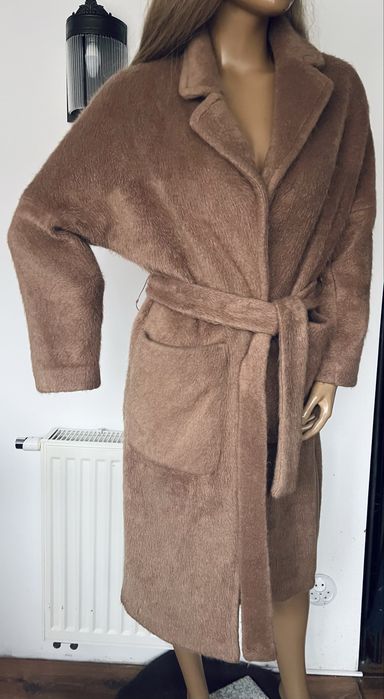 Zara płaszcz karmelowy brązowy długi S capucino oversize wiązany