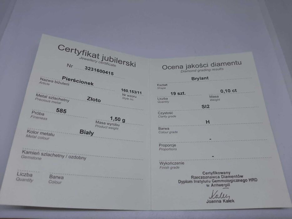 Złoty Pierścionek Apart z Brylantem - certyfikat