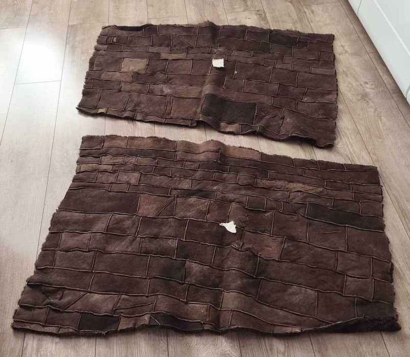 Narzuta dywanik z naturalnego futra owczego – patchwork, PRL, brązowy