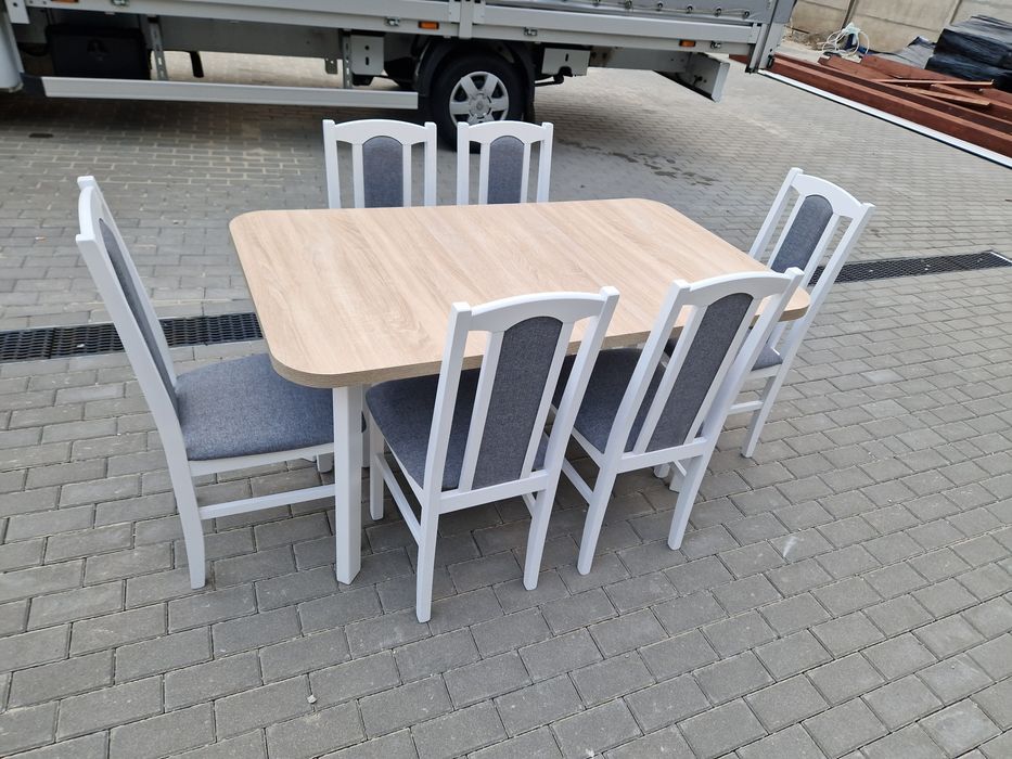 Nowe: Stół rozkładany + 6 krzeseł, bialy/sonoma+szary, dostawa cała PL