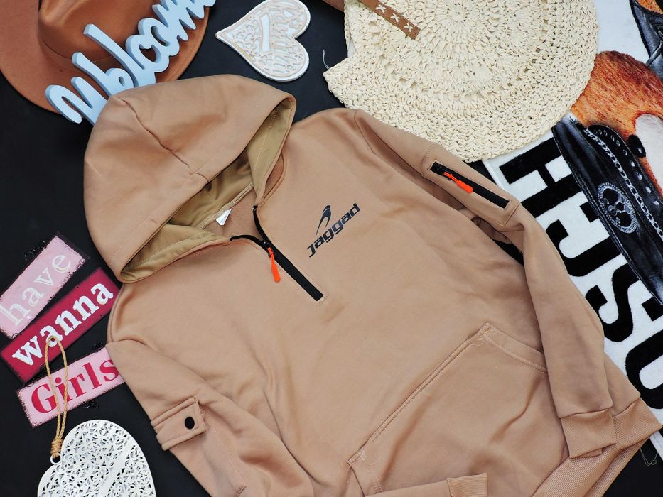 Fashion Męska ocieplana karmelowa bluza kieszonki zamek M