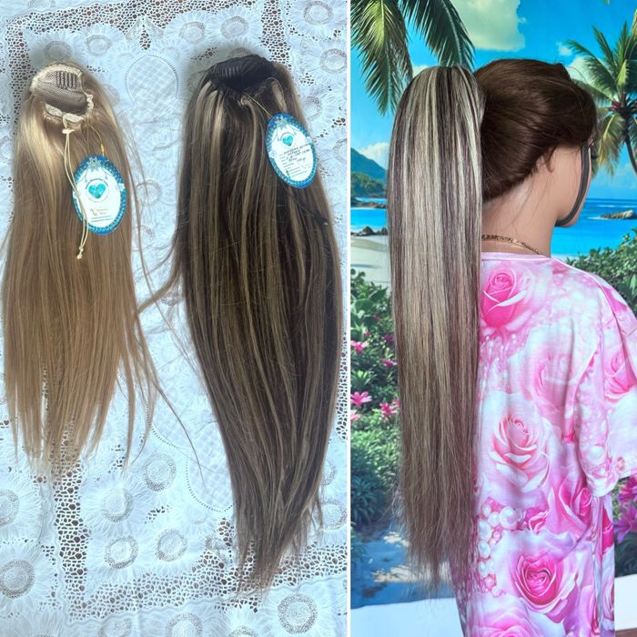 Натуральный хвост шиньон на резинке славянка детский волос русый 70 см