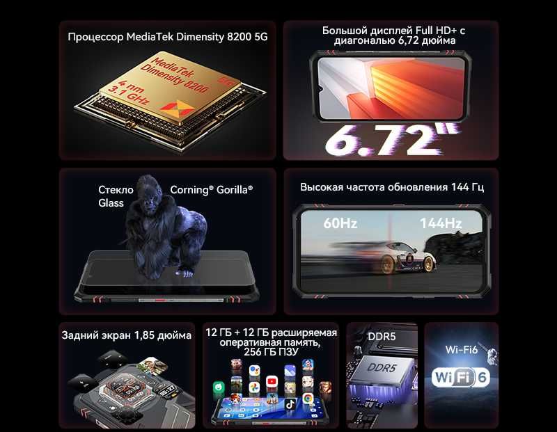 CUBOT KingKong STAR 2, 24/256Gb, Dimensity 8200, 6,72" FHD+ 144Гц IP68