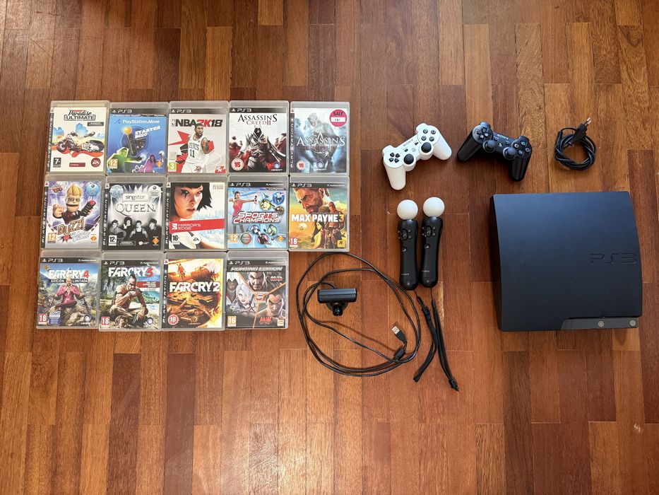 PS3 Slim 250GB + 2 Comandos + 2 Move + Câmara + 14 Jogos