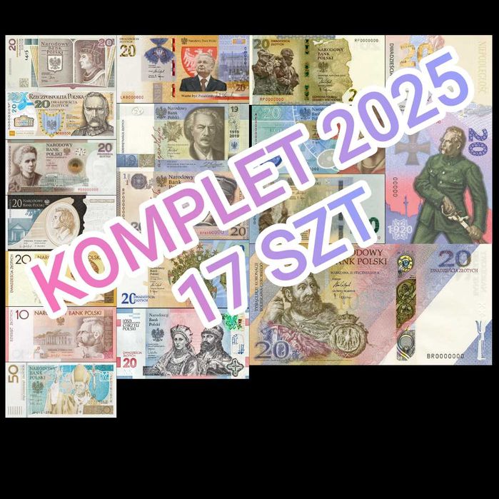Komplet Banknotów kolekcjonerskich NBP 17szt 2025 niski numer !!!