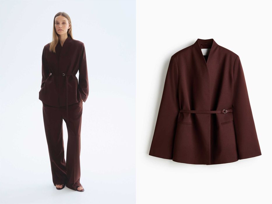 Marynarka S nowa kolekcja oversize z paskiem brązowa PROMOCJA