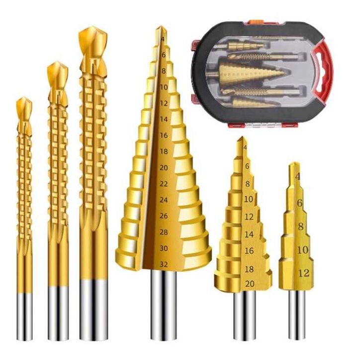 Wiertła stopniowe HSS do stali nierdzewnej + 3 wiertła 3, 6, 8mm JTZXJJX
