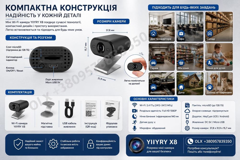 Міні Wi-Fi камера YIIYRY X8 — Full HD, Wi-Fi 2.4 ГГц, нічне бачення, датчик руху, звук, перегляд зі смартфона, запис на microSD та у хмару.