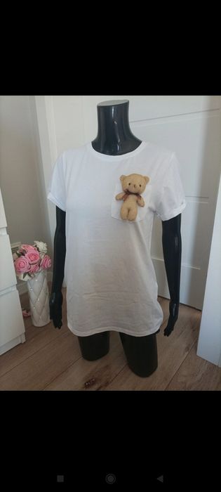 Biały T-shirt z białym misiem Bluoltre S/M
