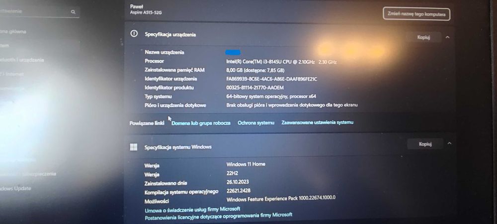 Acer Aspire 5 i3-8145U / 8GB DDR4/Nvidia/256 M2/ 1T /Windows 11