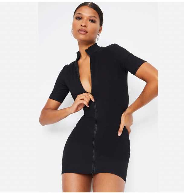 Облягаюча коротка сукня рубчик горловина на блискавці чорна міні сексі