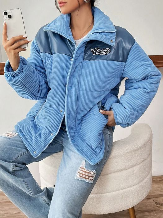 Kurtka damska zimowa sztruksowa puchowa niebieska casual SHEIN M 38