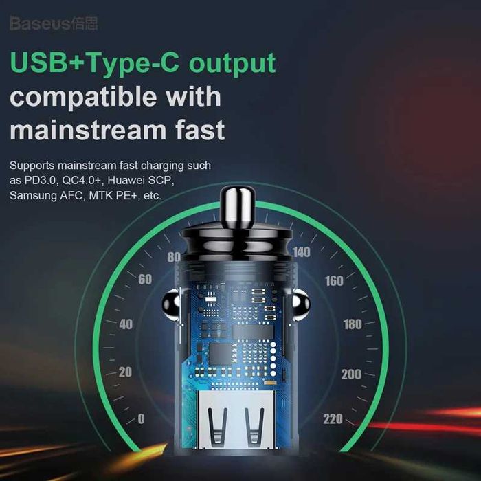 Швидкий зарядний пристрій у машину Baseus 2 порти USB і type-C 5A/30W