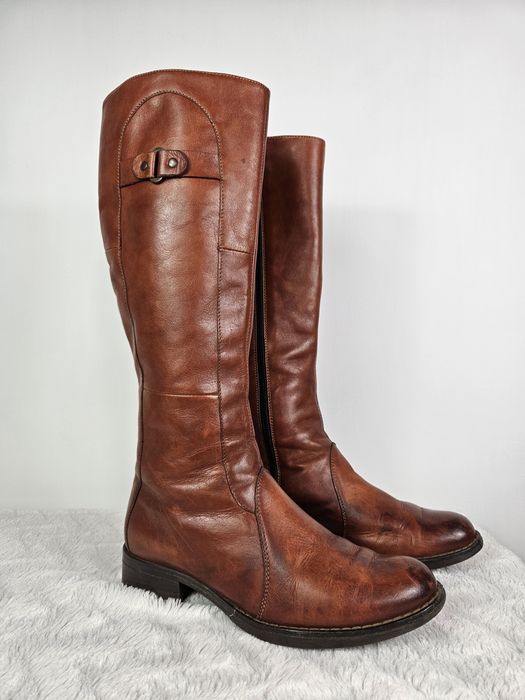 Brązowe skórzane płaskie kozaki damskie buty do kolan na jesień zimę