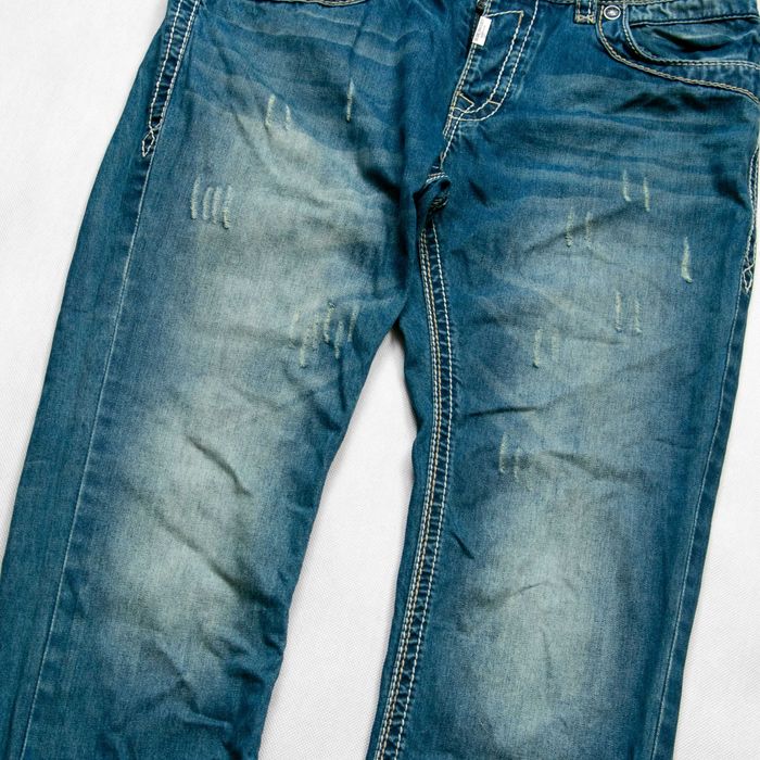 Blue Monkey y2k spodnie jeansowe 34/32us biodrówki hafty przetarcia