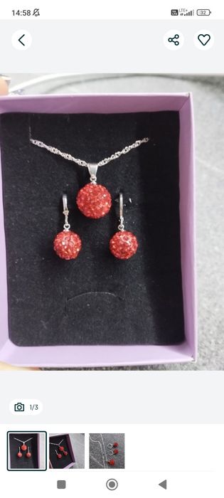 Nowy komplet zestaw biżuterii kolczyki łańcuszek kulki Shamballa czerw