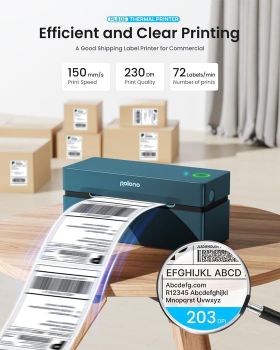 POLONO PL80e Termiczna drukarka etykiet wysyłkowych Bluetooth, niebieska 100x150