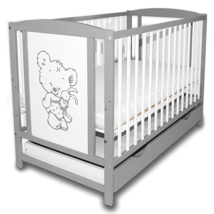 Łóżeczko dziecięce Bajka szara + szuflada + barierka + materac kokos