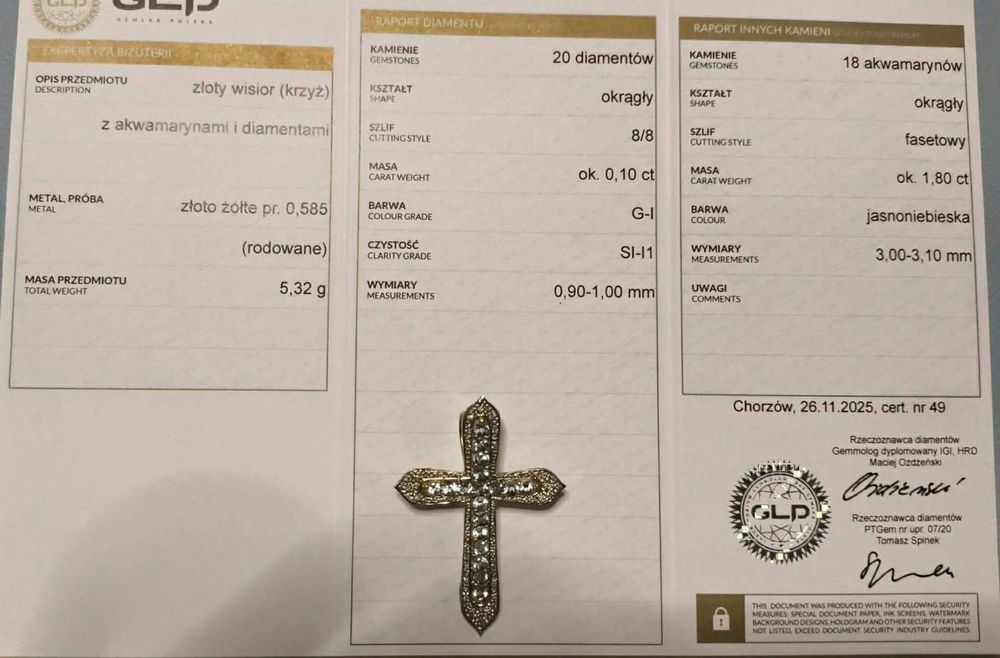 Złoty Wisior Krzyż z Akwamarynami i Diamentami
