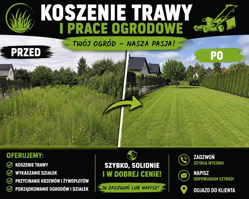 Koszenie  Jesienne prace ogrodowe – sprzątanie, wycinka, koszenie trawy kosą, drewno