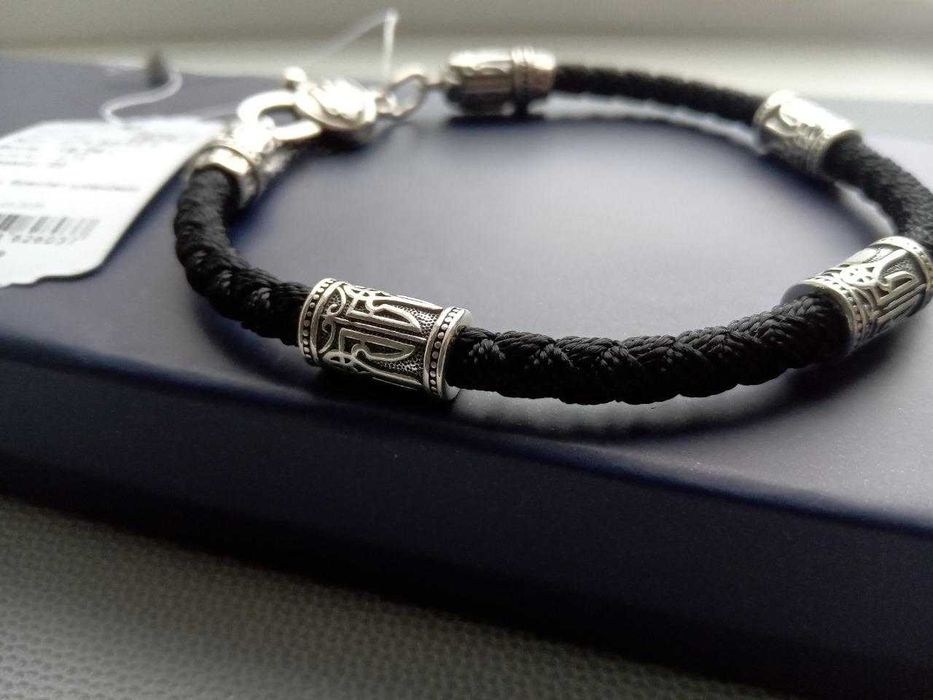 Шовковий браслет з срібними вставками 21 см Тризуб Герб жгут шнурок
