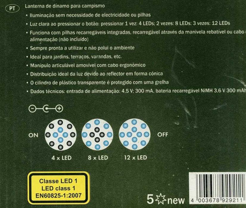 Lanterna 12 LED funciona com dínamo/carregador 3 níveis luz ROCKTRAIL