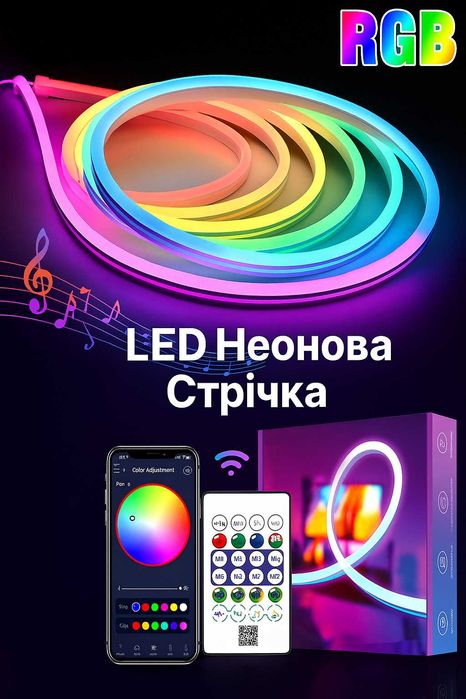 Розумна гнучка LED RGB неонова стрічка 10 м з USB, пультом і Bluetooth