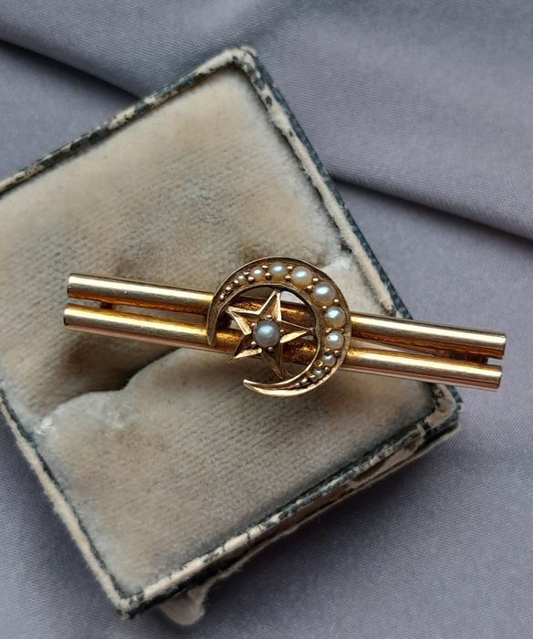 XIXw. Broszka Perły głębinowe Złoto 15k Gwiazda Księżyc Certyfikat