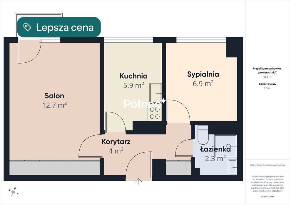 2 pokoje, 35,68 m² | Balkon | IV piętro