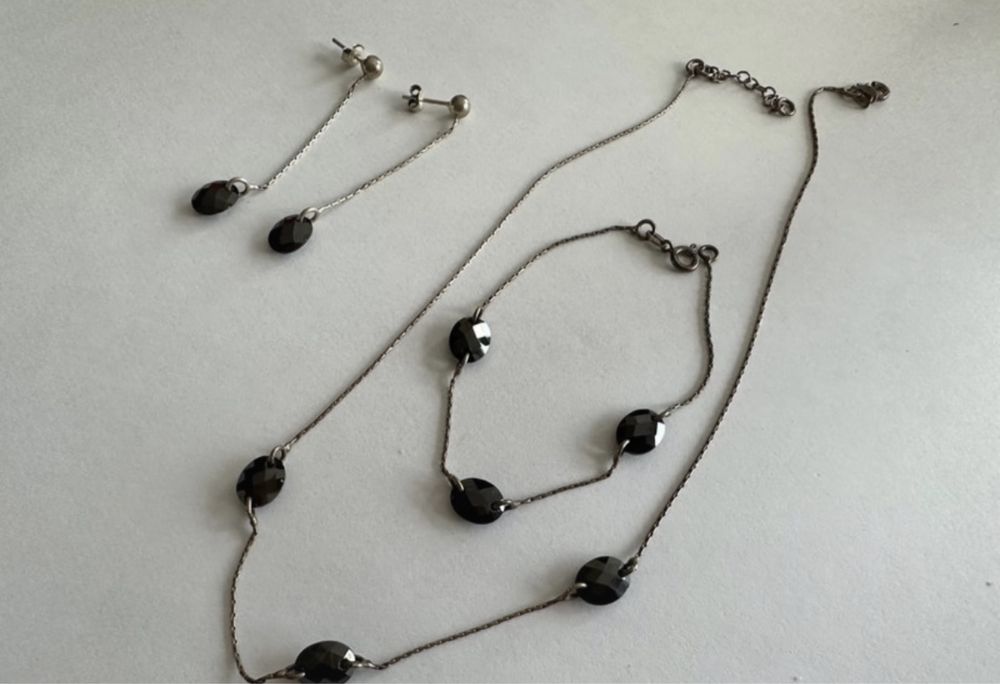 Komplet srebrnej bizuterii kolczyki naszyjnik bransoletka