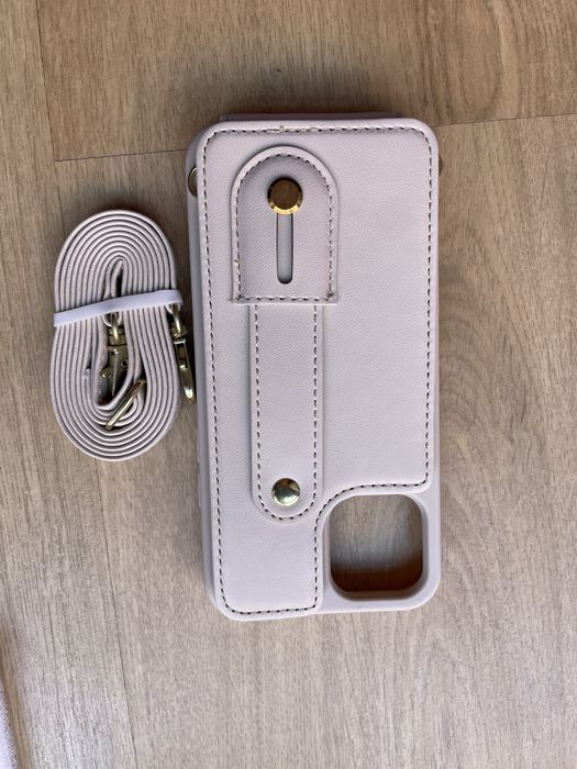 Capa iphone 12 nova com suporte para dedo conforto e cartoes e bolsa tiracolo bege