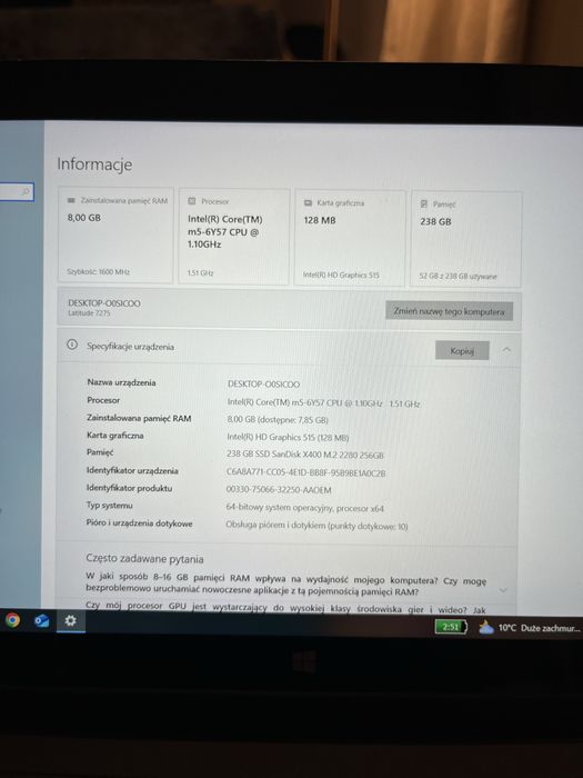 Dell 7275 2w1 / m5 / 256 SSD / 8GB ram