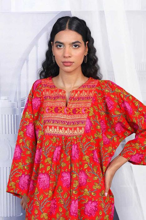 Czerwona tunika folk XL 42 bawełna kwiaty róże etno orient boho hippie