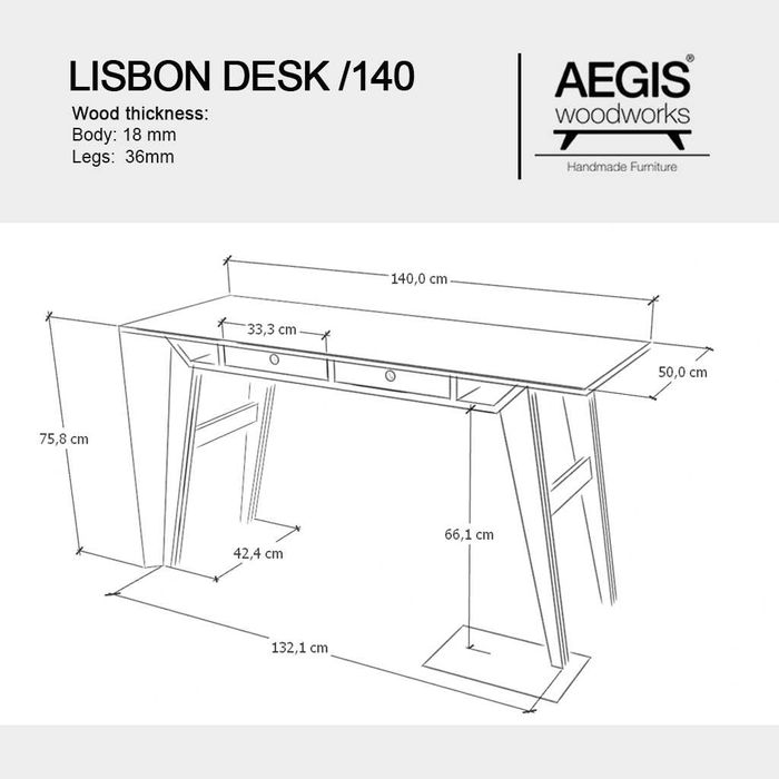 Secretária nórdica em madeira com duas gavetas. Madeira maciza.