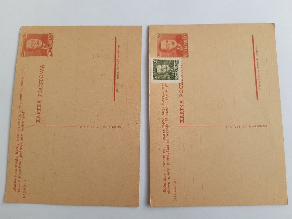 PRL Kartka pocztowa, B. Bierut, hasła propagandowe x 2 rodzaje 1952 r.