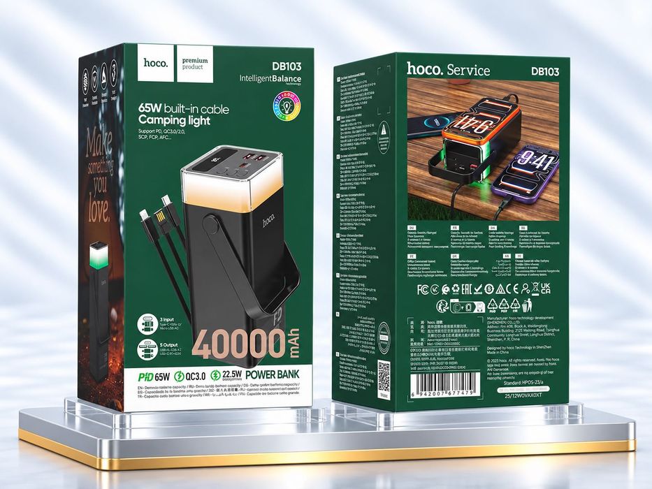 Повербанк HOCO DB103 40000mAh 65W PD ліхтар