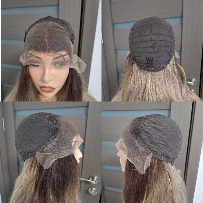 Peruca longa ondulada loira com renda