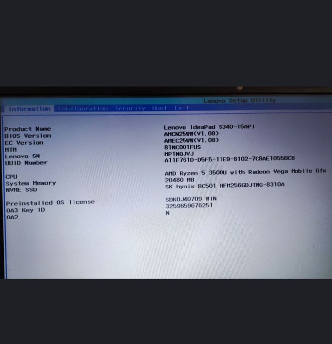 Ноутбук Lenovo IdeaPad S340-15API/Ryzen 5 3500U/20ГБ/256GB NVME/15.6"/