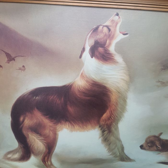 Painting Featuring a Dog and a Lamb in the Snow64584403536257123