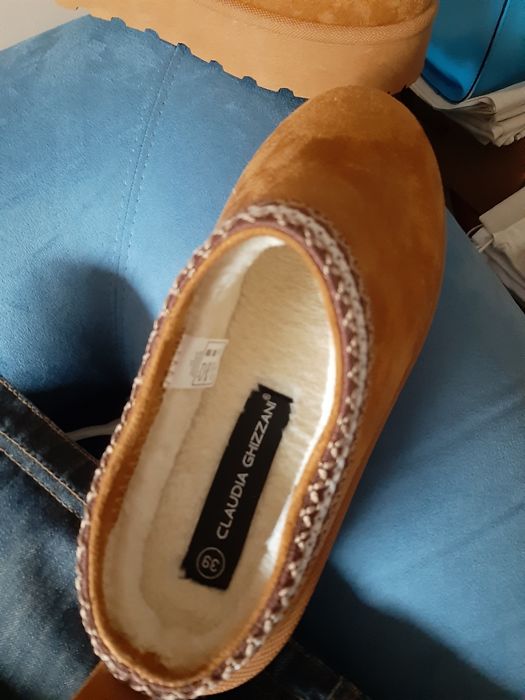 Brązowe 39 krótkie klapki śniegowce bez pięty brązowe tkanina buty tkm
