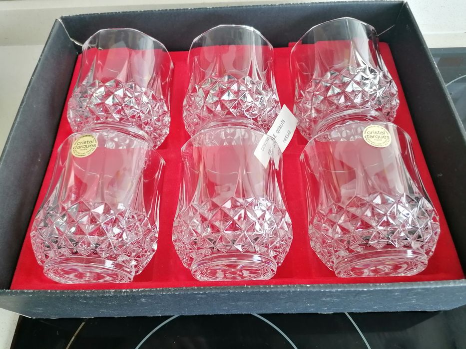 Conjunto de 6 copos de whiskey e balde do gelo cristal d'arques