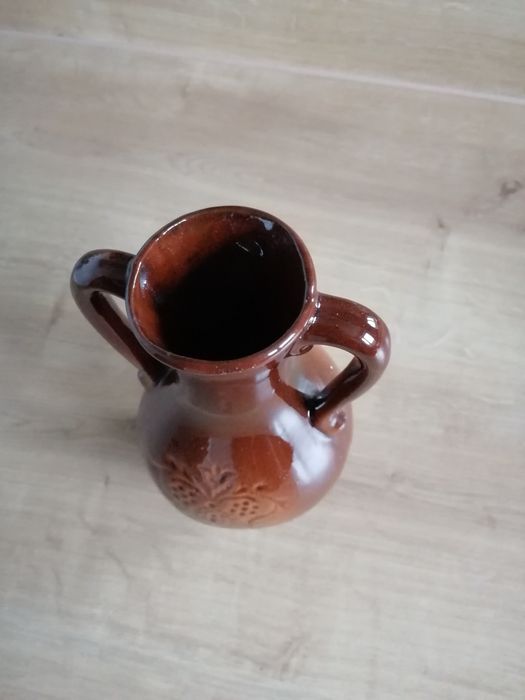 Wazon gliniany szkliwiony PRL flakon dzbanuszek brązowy wys 20cm