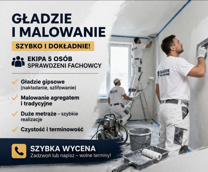 Gładzie + malowanie | Szybkie terminy | Ekipa 5 osób
Gładzie + malowa