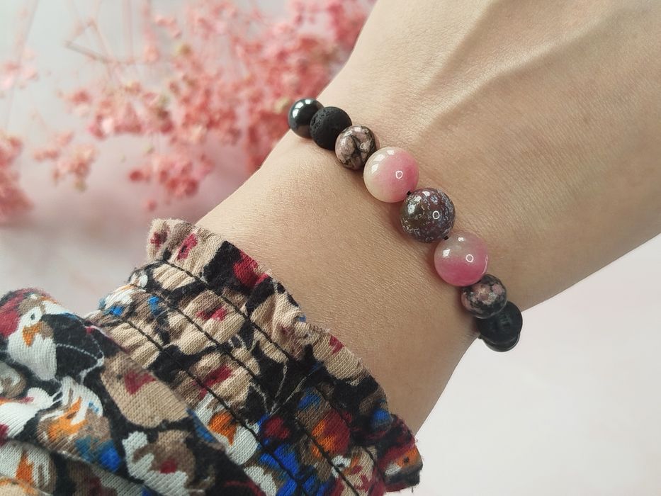 Bransoletka Ochrona, miłość, równowaga TURMALIN, RODONIT, Agat, Lawa,