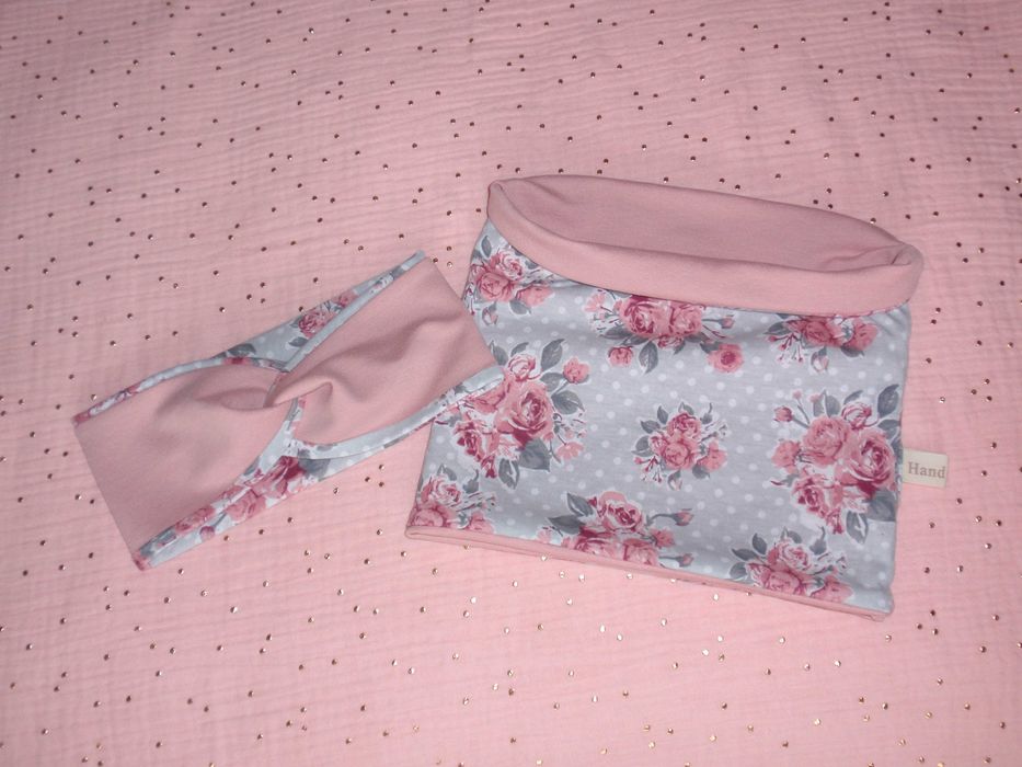 Komplet - dla dziewczynki - czapka z uszami królika + komin - handmade