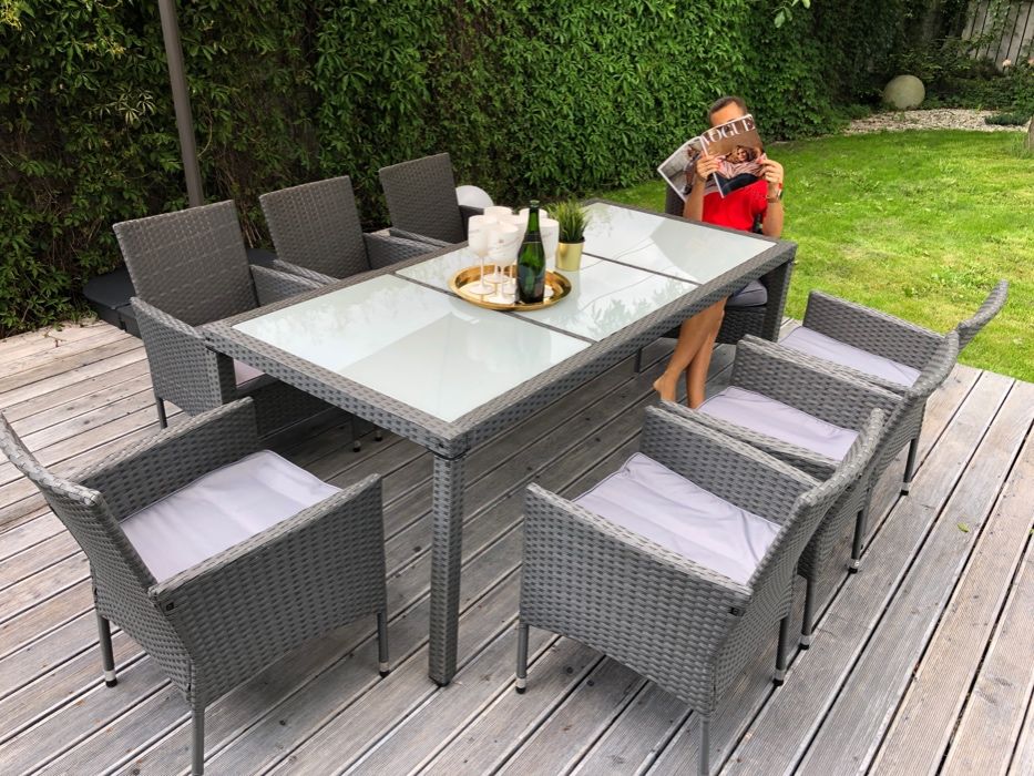 ENDO 190/90cm szary technorattan 8+1 meble ogrodowe