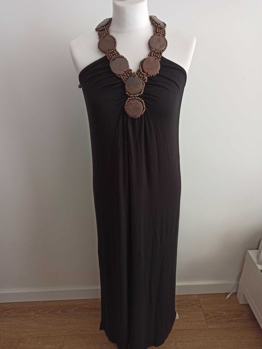 Sukienka maxi długa boho etno drewniany naszyjnik