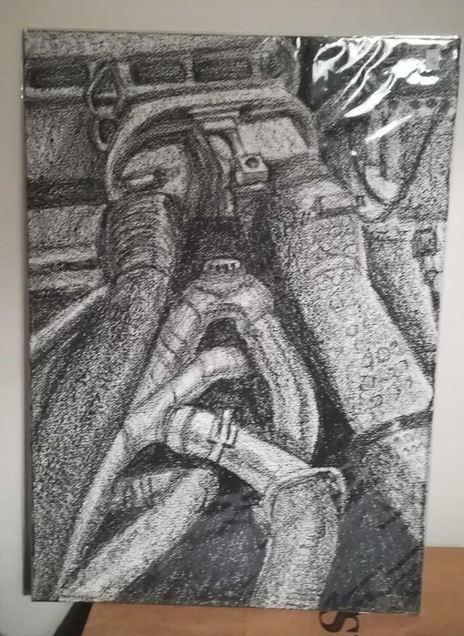 Desenho original de motor de carro em lápis litográfico 29,7*42 cm